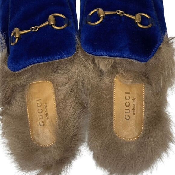 Gucci Princetown Fur Slipper EU 38 US 8 Blue Velvet Horsebit Mule Loafer Flats - Picture 7 of 10